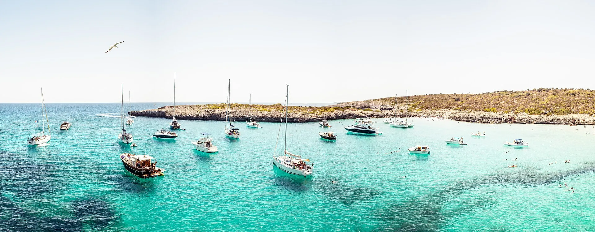 Panorámica de Cala Varques, con el agua turquesa encajada entre rocas y pinos