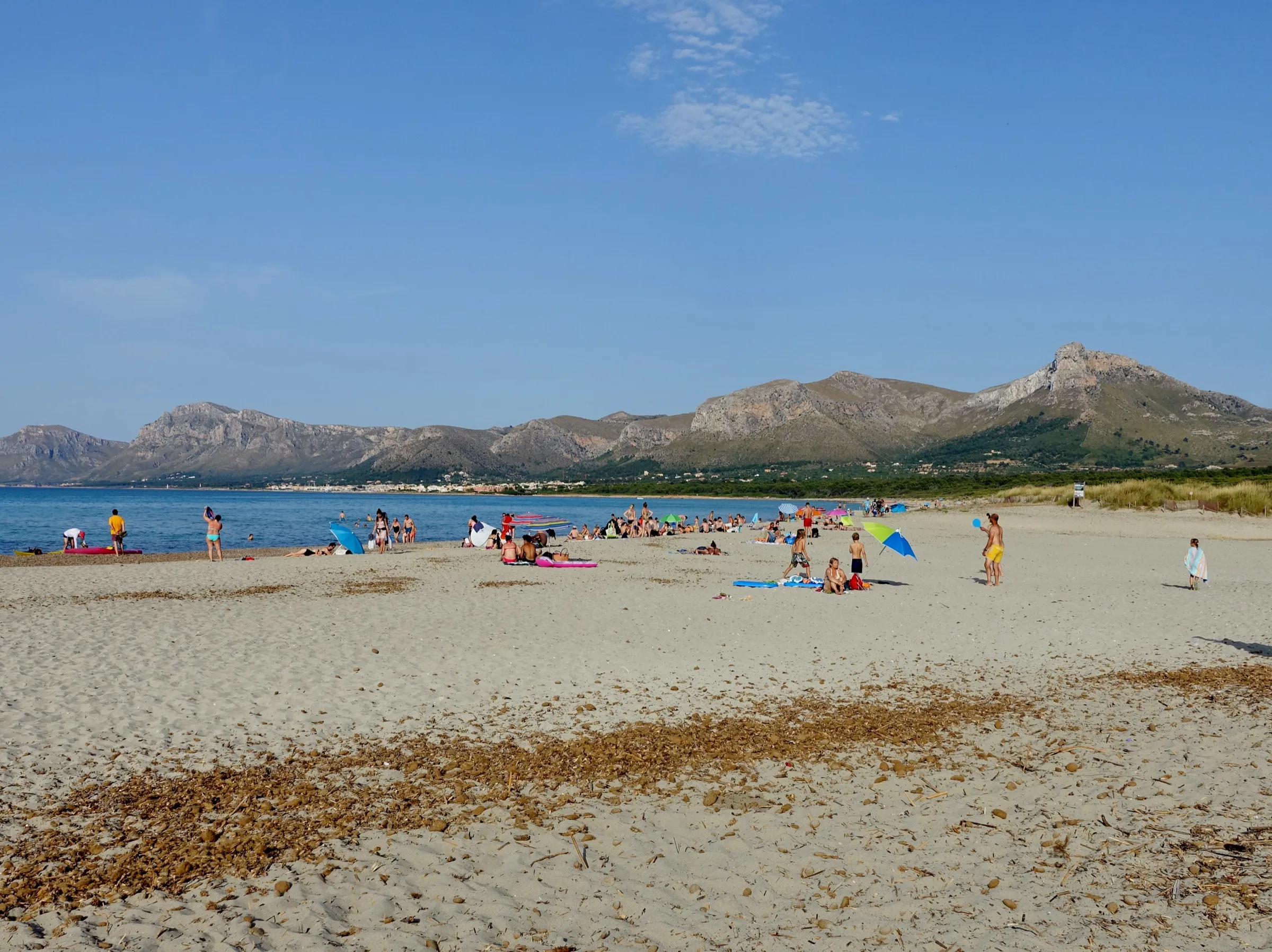 Playa de Son Serra de Marina con bañistas en la arena y las montañas de Ferrutx al otro lado del agua