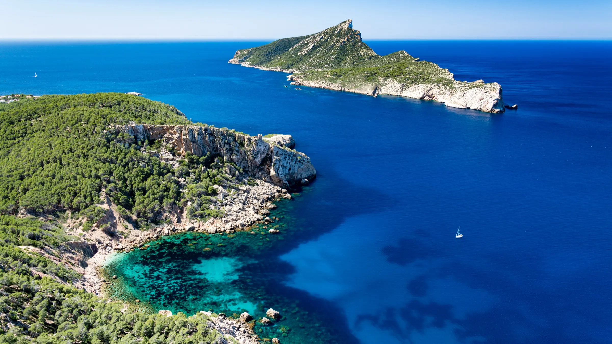 Cala en Basset desde lo alto, con el agua turquesa entre el pinar y sa Dragonera al fondo