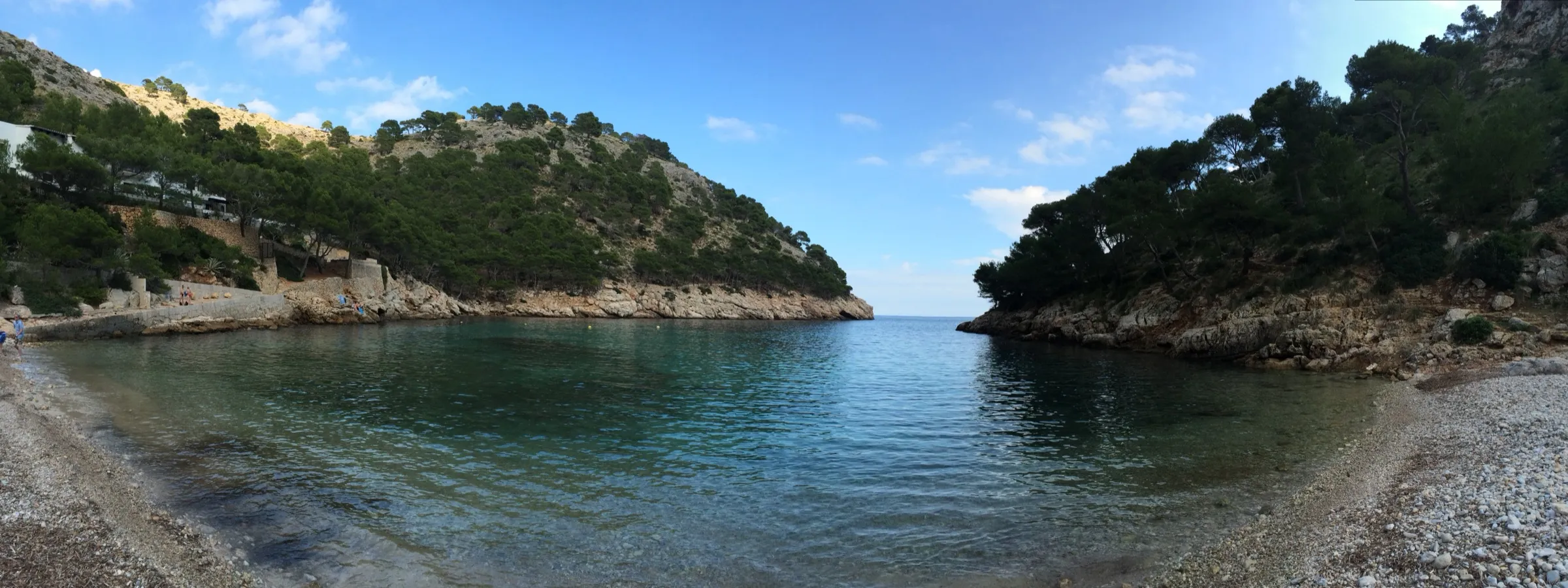 Cala Murta desde la orilla de cantos, con el agua quieta y la boca abierta al mar entre dos lomas de pinar
