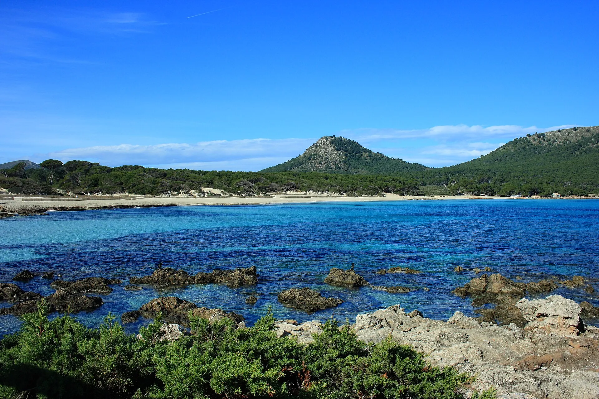 La bahía de Cala Agulla desde las rocas, con agua azul, la franja de arena al fondo y la montaña cubierta de pinar