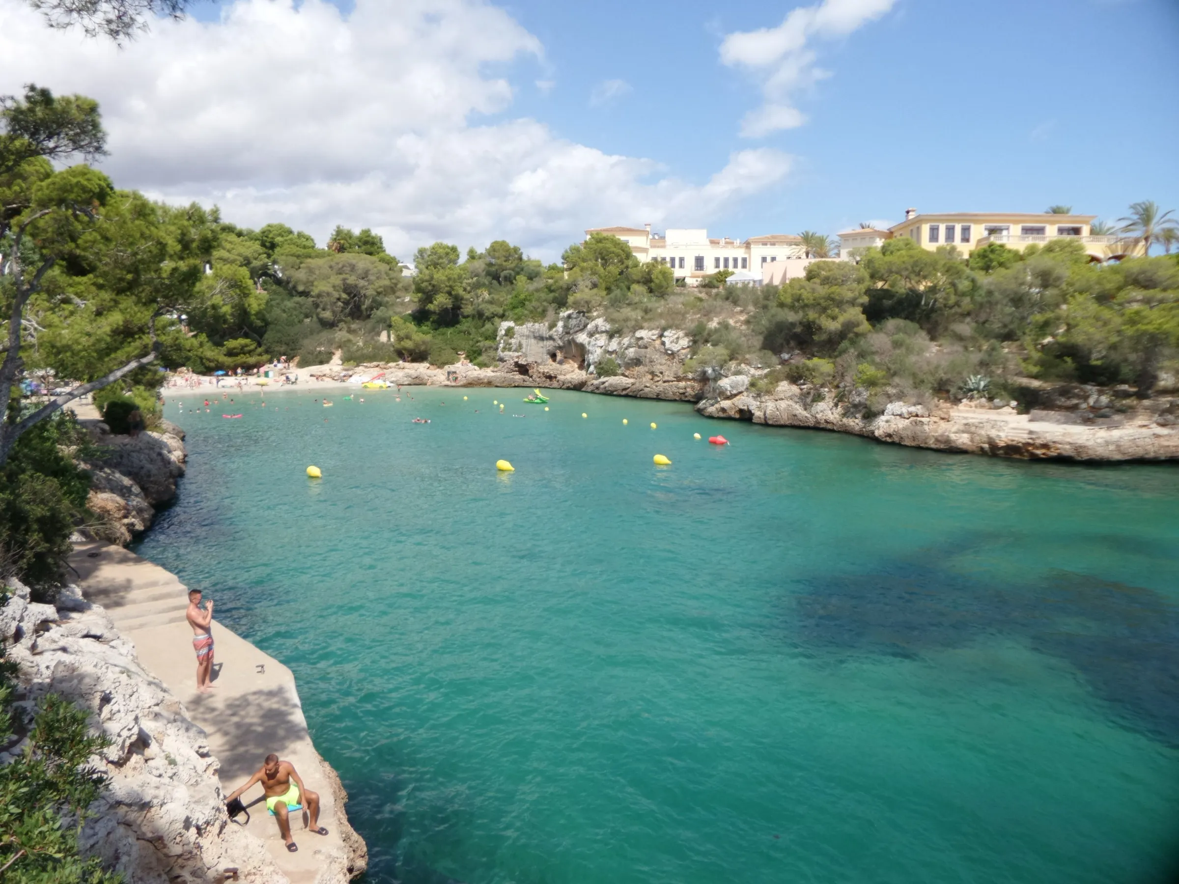 El entrante de Cala Ferrera desde las rocas, con el agua turquesa, manchas de posidonia y la playa al fondo entre pinos