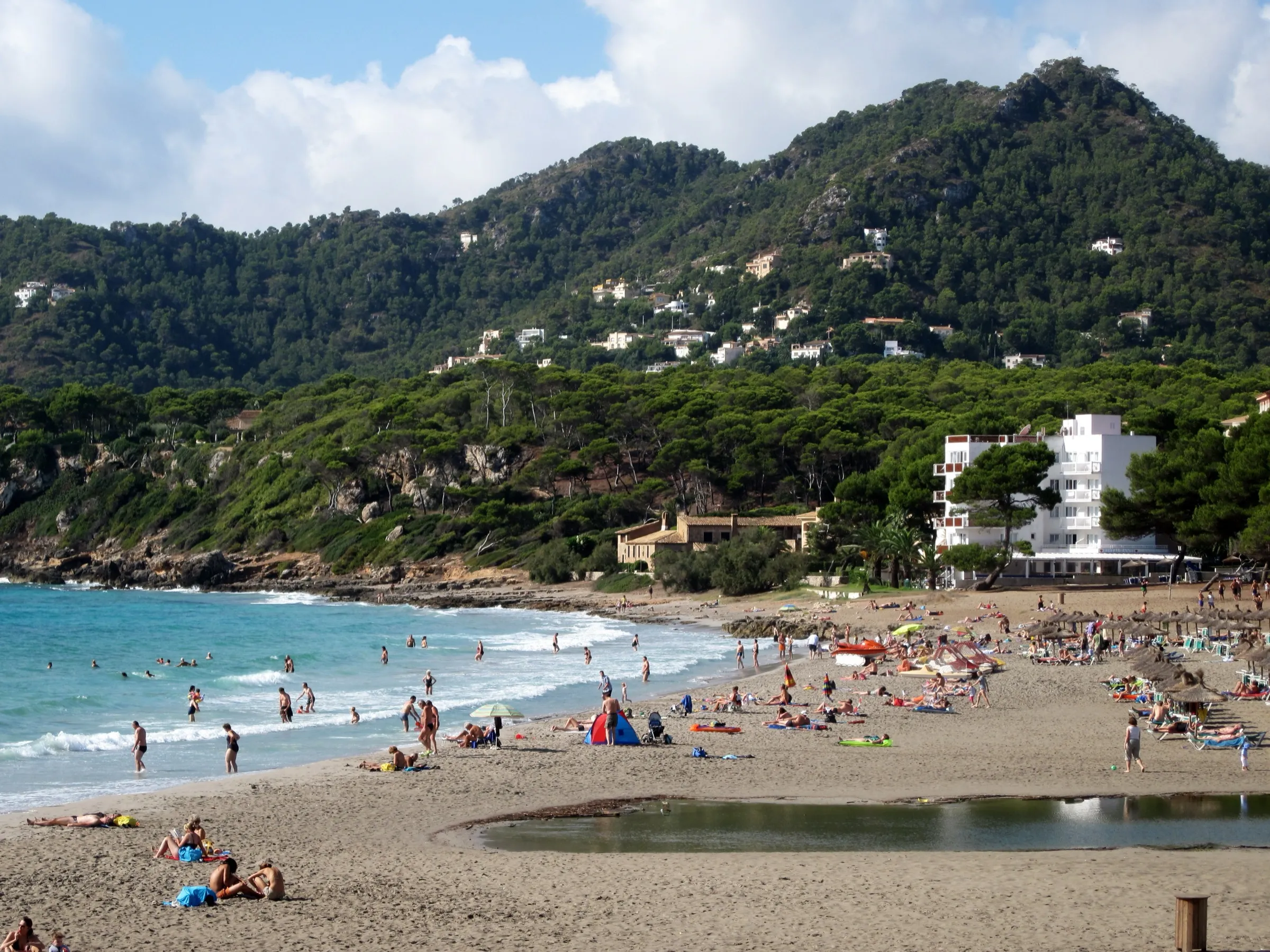 Swimmers on the sand at Canyamel, with turquoise water and the pine-covered mountain behind