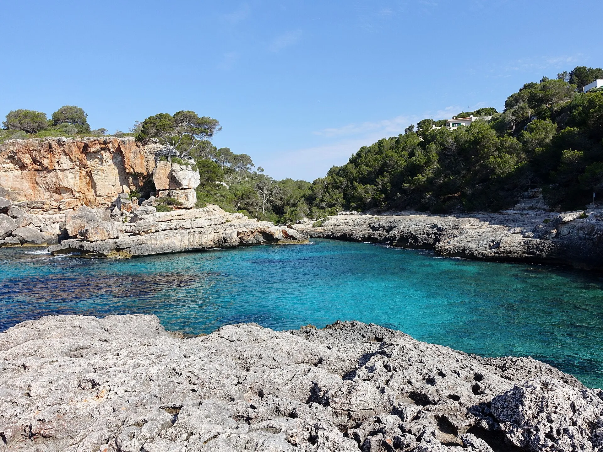 Interior de Cala s'Almunia, con agua turquesa entre losas de roca, un acantilado anaranjado y laderas de pinar