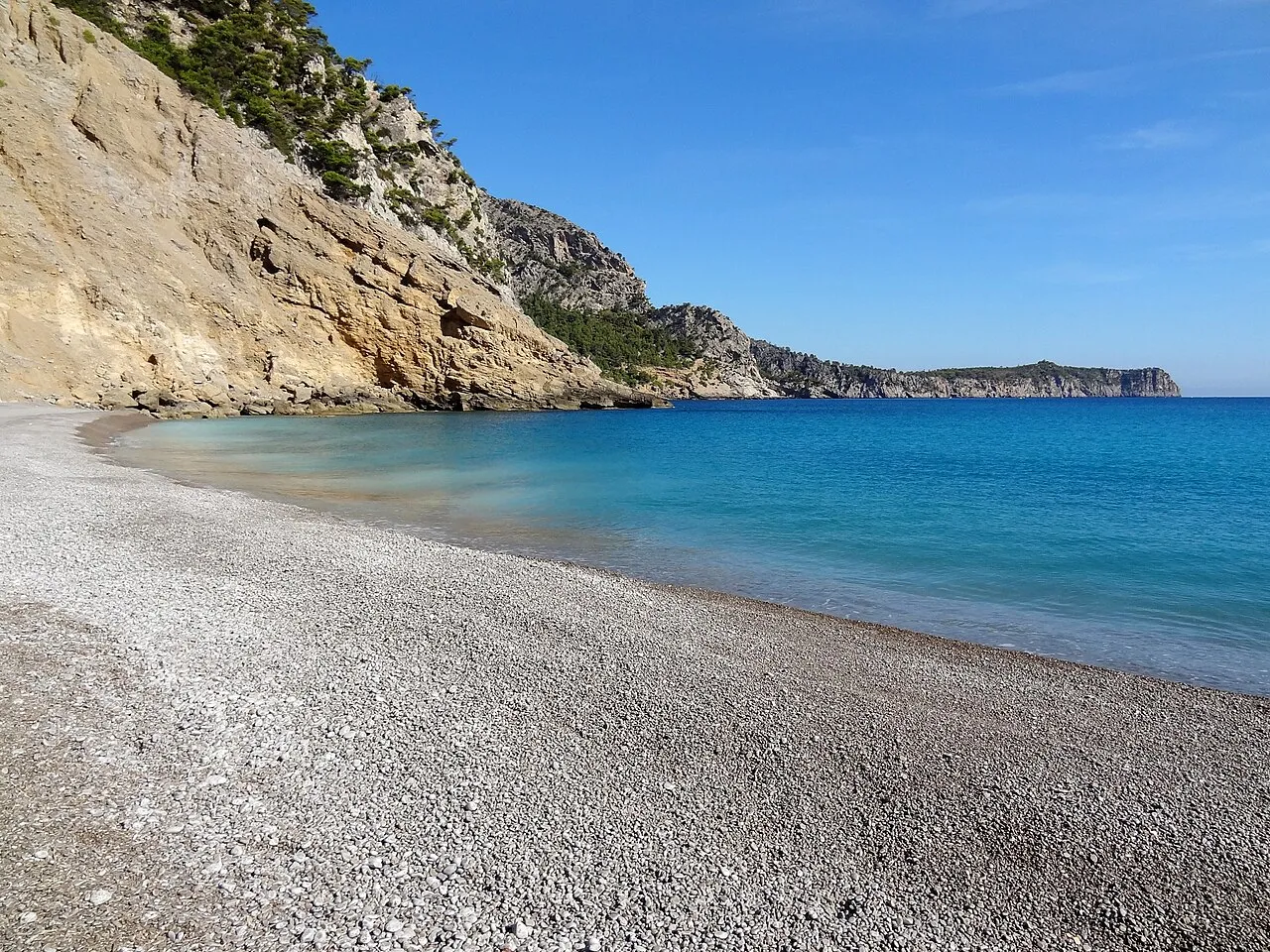 Orilla de canto rodado blanco de es Coll Baix, con el acantilado y la costa de la Victòria al fondo