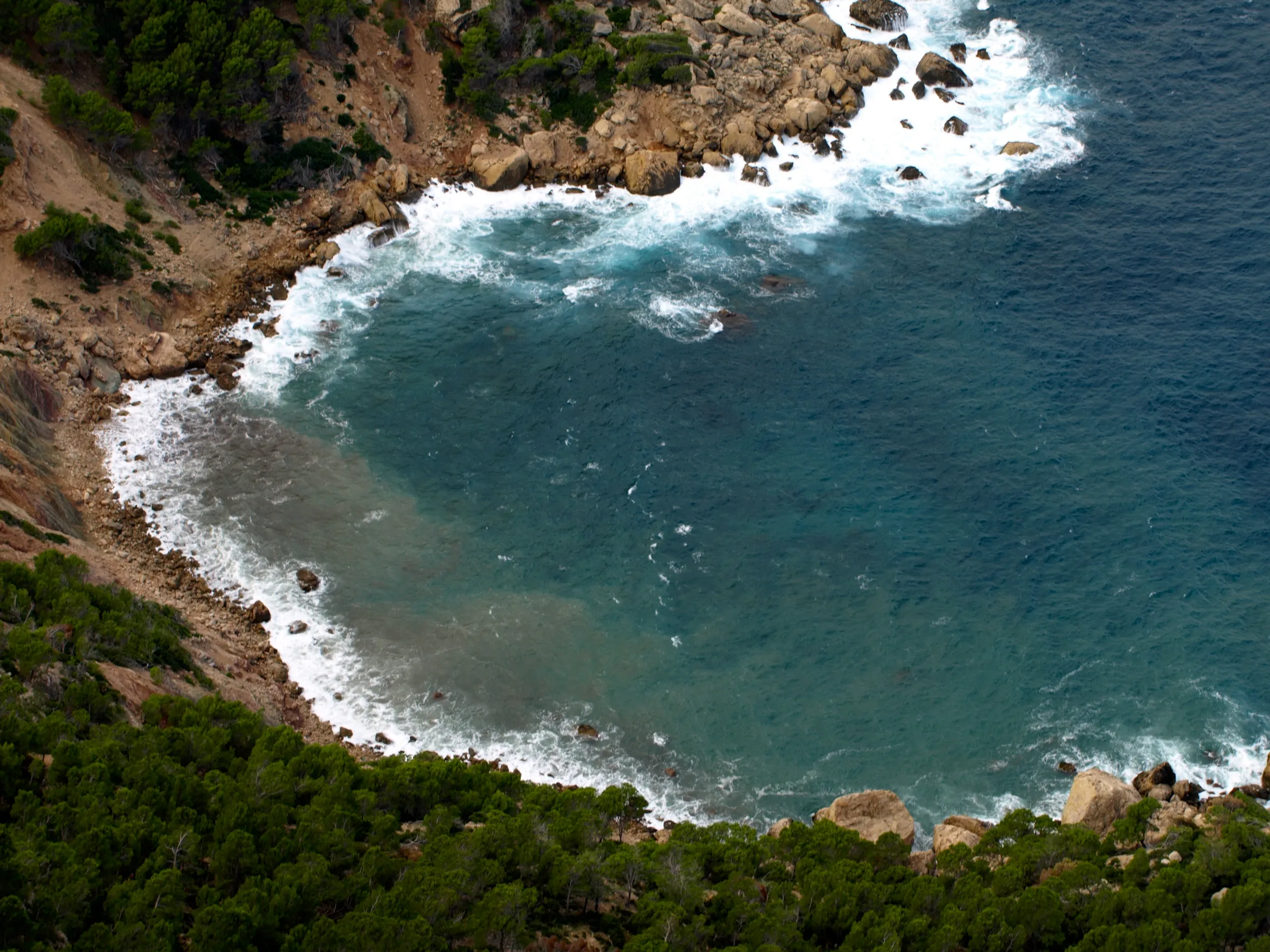 Vista desde arriba de Cala en Basset, con la orilla de cantos, el pinar y el mar rompiendo en las rocas