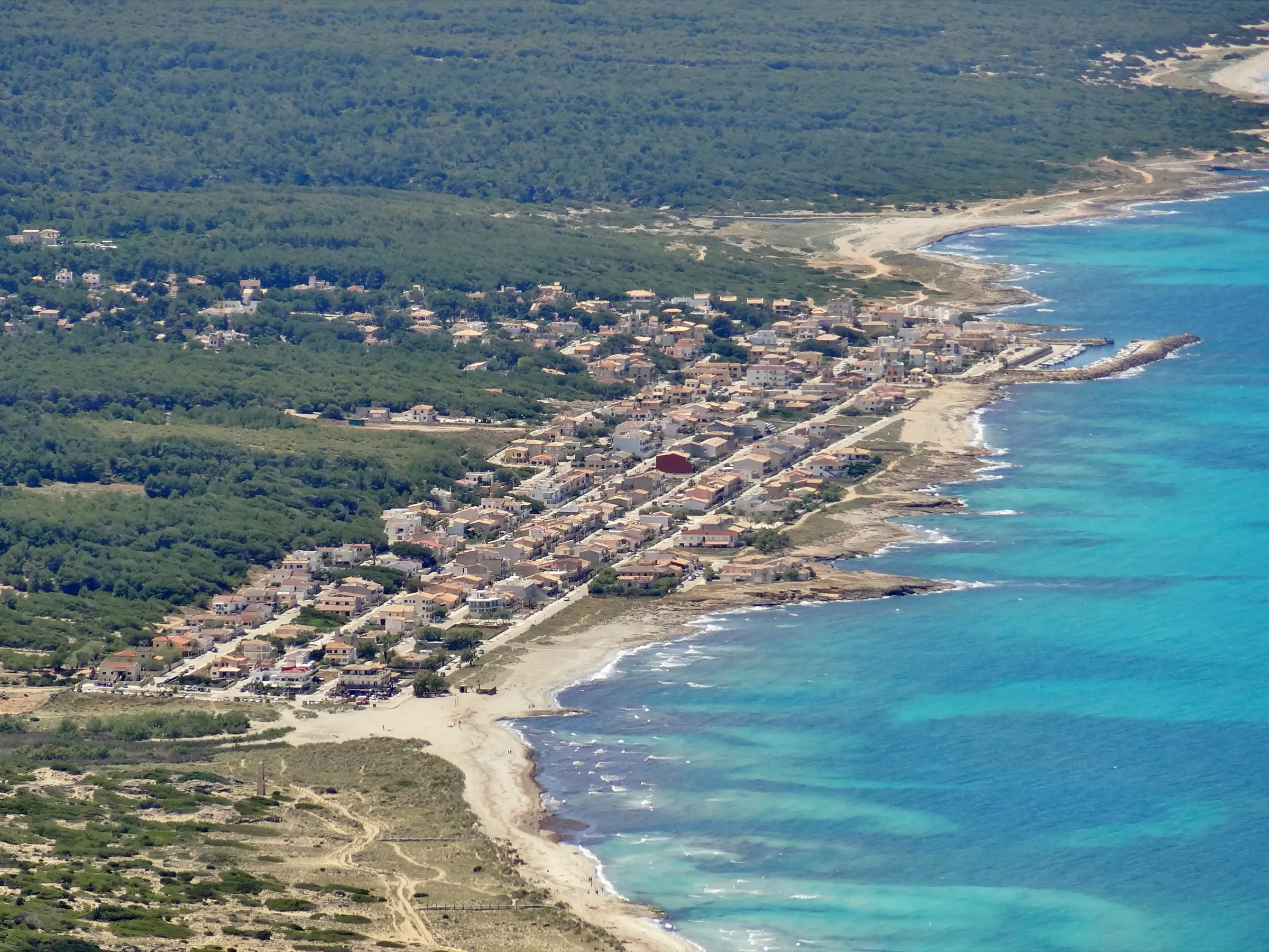 Vista aérea de Son Serra de Marina, con el pueblo junto al mar, el pinar detrás y la playa con dunas en primer plano