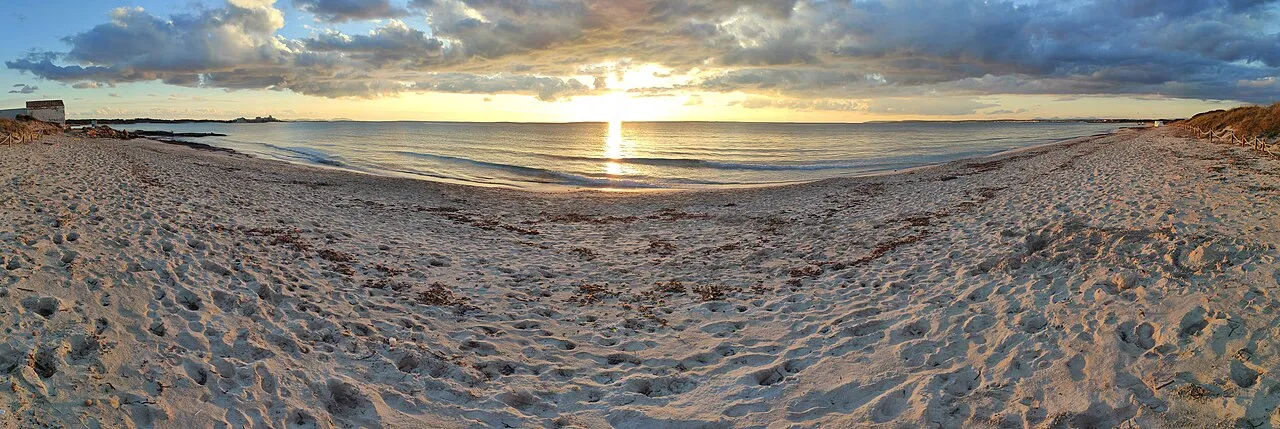 Panorámica de Es Trenc al atardecer, con la arena llena de huellas y el sol poniéndose sobre el mar