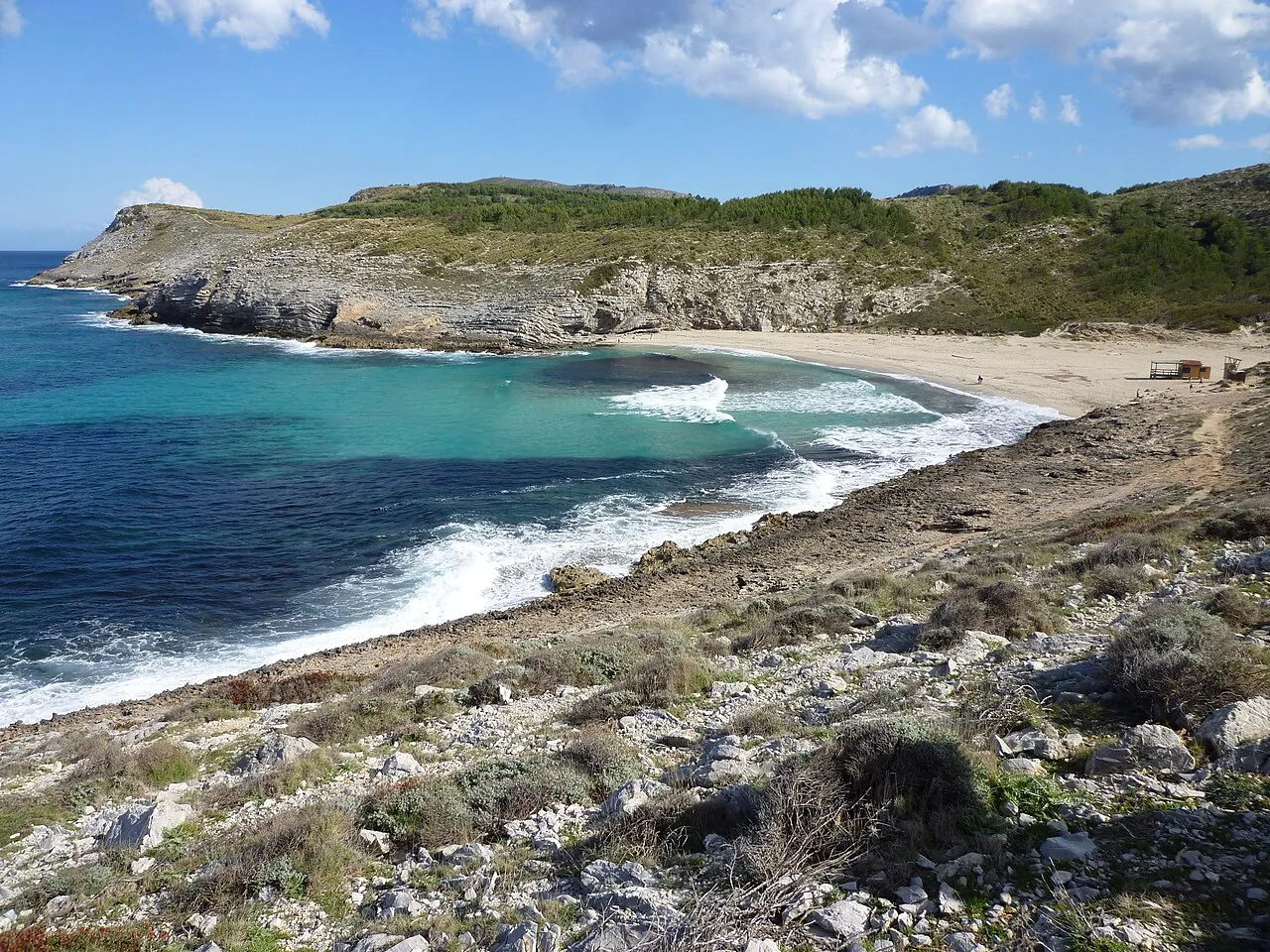 La cala desde las rocas del lado este, con el agua turquesa y el monte bajo que la rodea