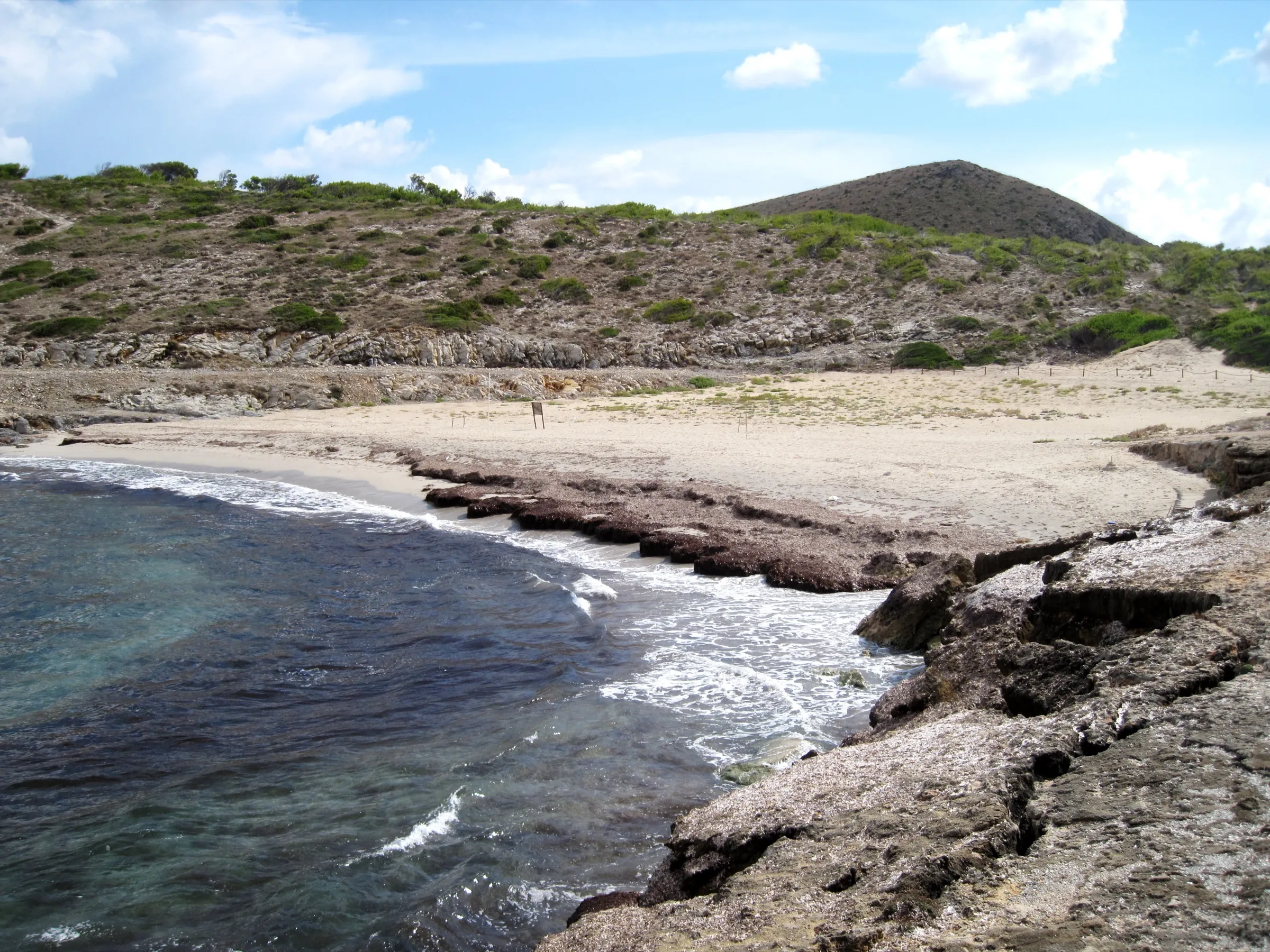 La arena de Cala Mitjana, con la línea de posidonia en la orilla y la punta de roca que cierra la cala