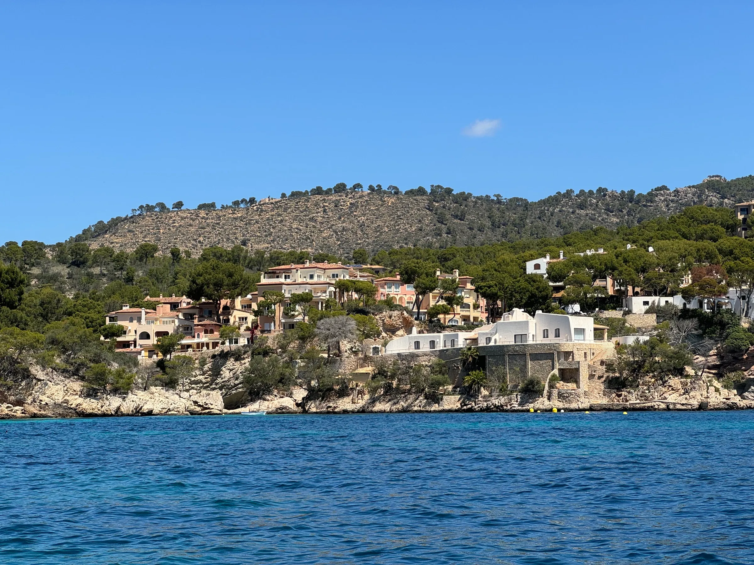 La costa de Cala Fornells desde el agua, con pinar, casas y barcos fondeados