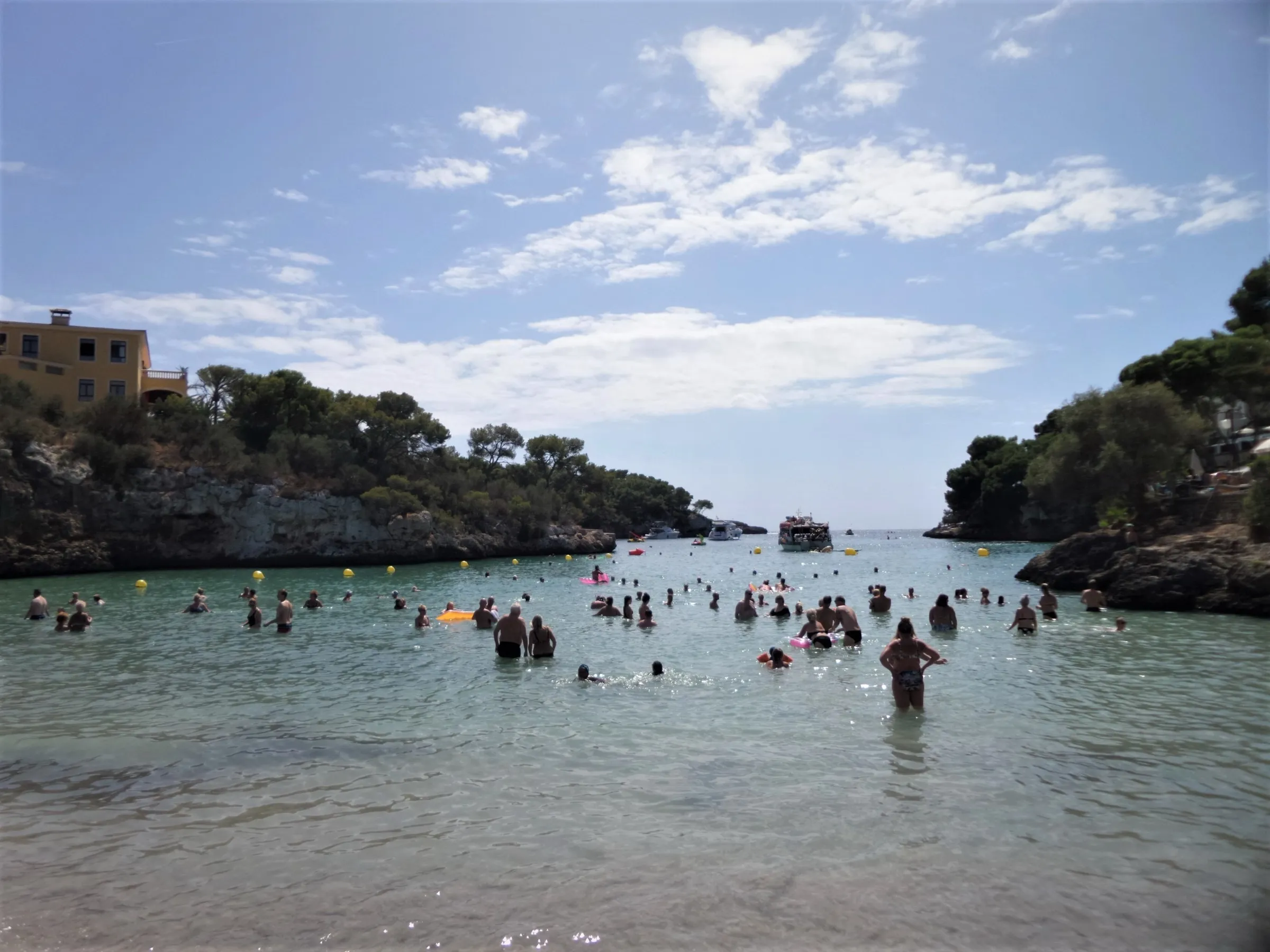 Bañistas en el agua poco profunda de Cala Ferrera, mirando hacia la boca del entrante entre dos laderas de pinos