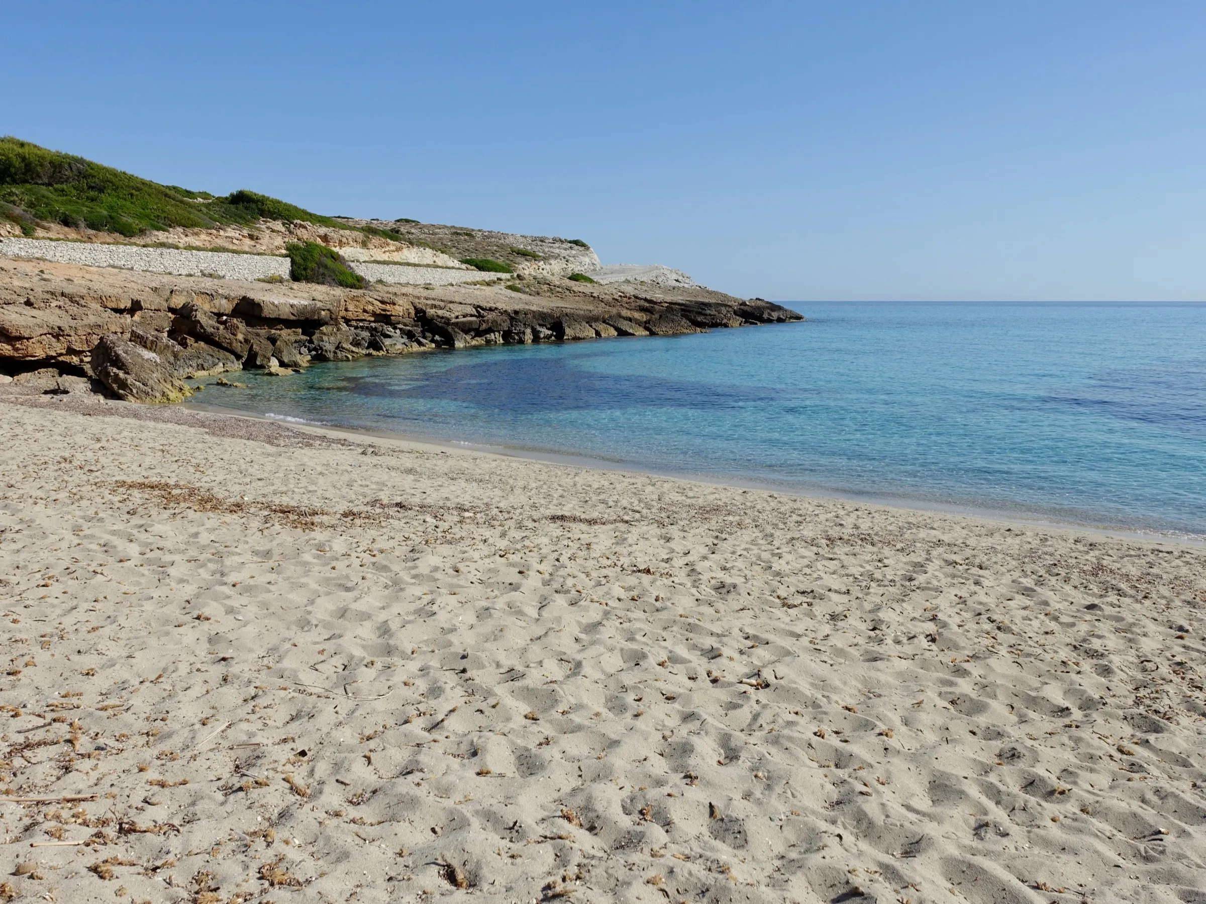 Arena fina de Cala Mitjana con el agua tranquila y la costa de roca baja al fondo