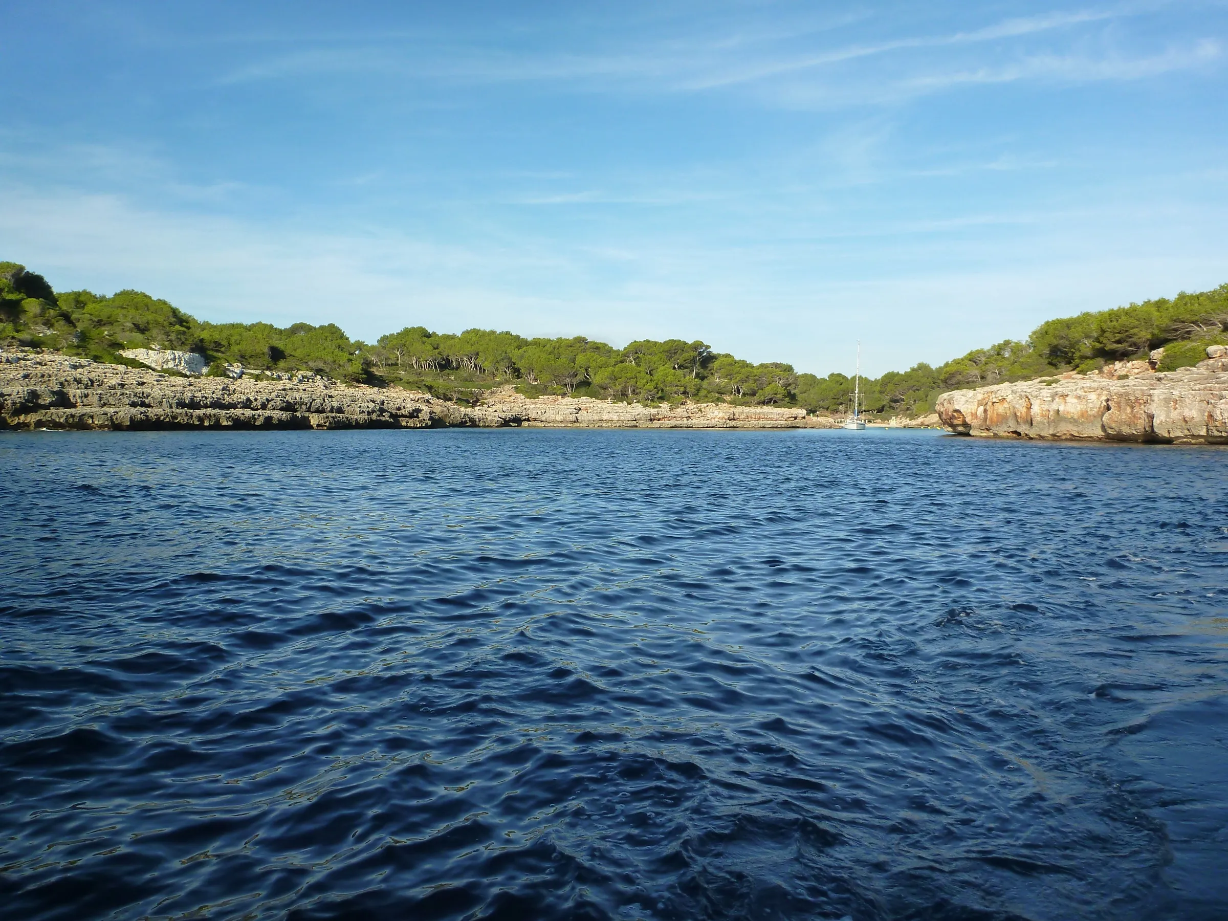 La entrada de Cala Sa Nau vista desde el mar, entre dos acantilados bajos con pinar