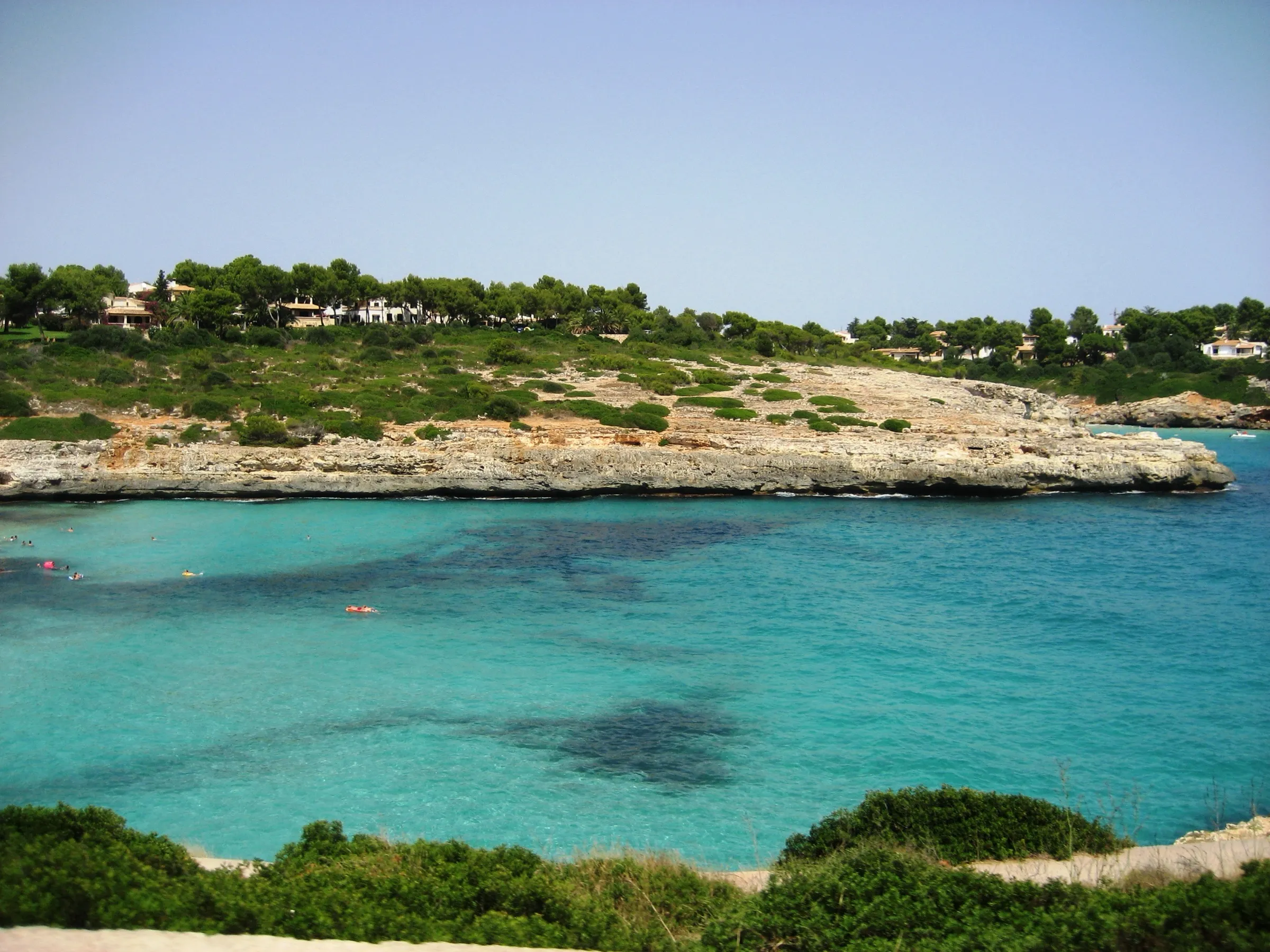 Agua turquesa con manchas de posidonia en Cala Mendia, junto a una orilla de roca plana y matorral