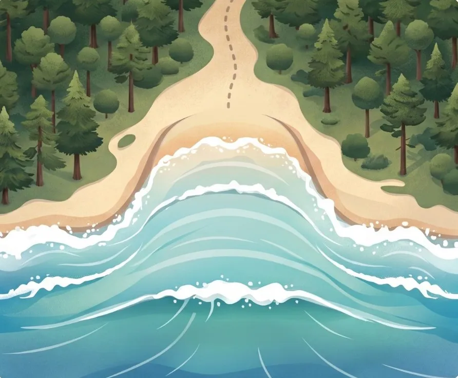 Ilustración de la misma cala con viento del mar: las olas rompen en la orilla y la espuma llega hasta la arena.