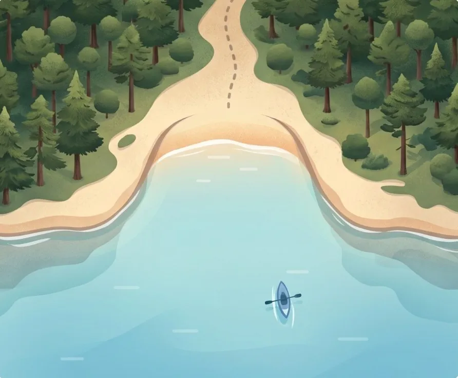 Ilustración de una cala vista desde arriba: el viento sale del pinar hacia el mar y el agua está en calma, con un kayak.